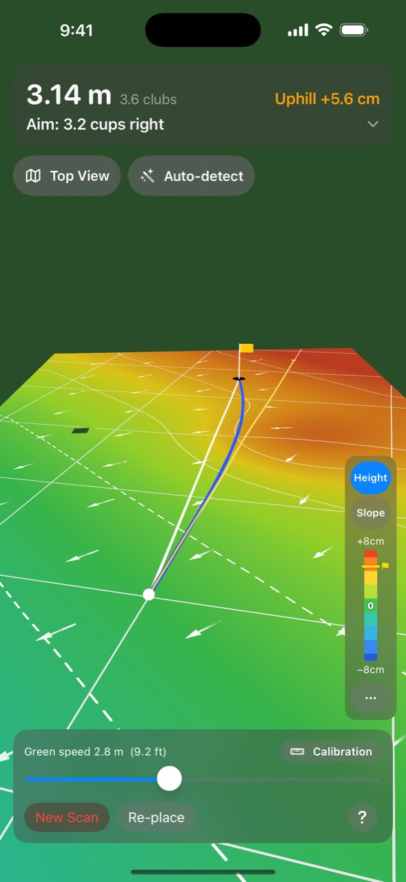 Undula showing height colors on a green, the predicted line from the ball to the cup, and the distance and aim at the top